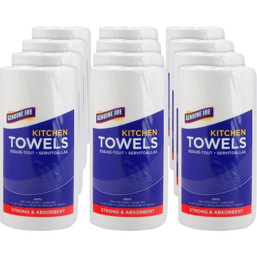 Genuine Joe Towel Roll,Paper,2-Ply,250Shts/RL,8"x11", 12RL/CT, White-GJO25012