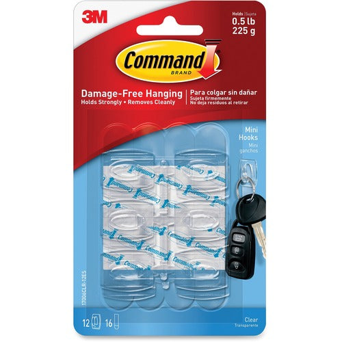 3M Mini Hooks, w/Adhesive Strips,Holds 1/2 lb., 6/PK, Clear