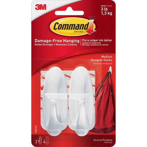 3M Strip Hooks,w/Adhesive Strips, Medium, 3 lb Cap, 2/PK, WE