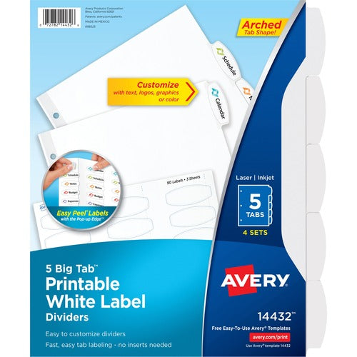 Avery Dividers, Big Tab, w/Labels, 3HP, 5-Tab, 4 Sets/PK, White