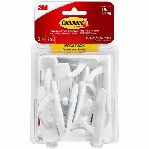 3M Hooks w/Adhesive, Medium, 3 lb Cap, 20/PK, WE