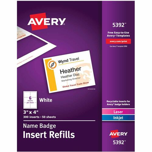 Avery Insert Badge Refill, Fits 3"x4", 6/Sht, 300/BX, WE