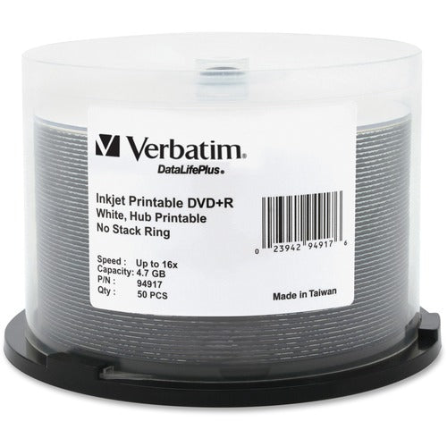 Verbatim DVD+R, 16X Speed, 4.7GB, Inkjet/Hub Printable, 50/PK