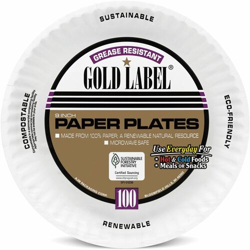 Ajm Packaging Corporation Plates, Paper, 9"Dia, 100/PK, White