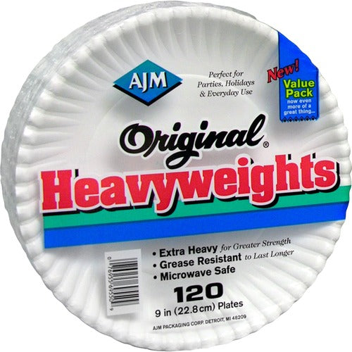 Ajm Packaging Corporation Plates, Heavyweight Paper, 9", 120/PK, White
