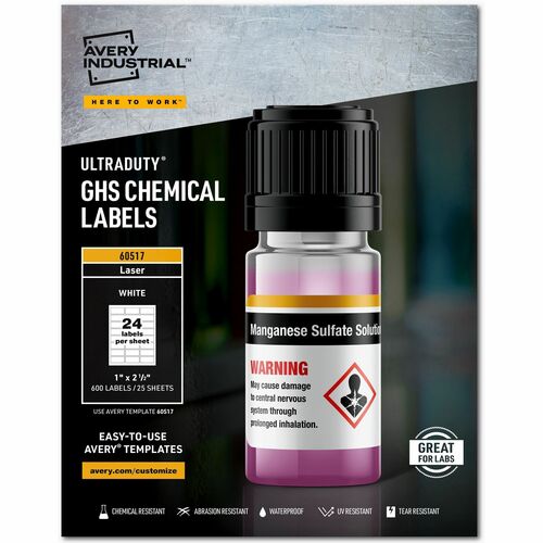 Avery Labels, GHS Chemical, Laser, 1"x2-1/2", 600/BX, White