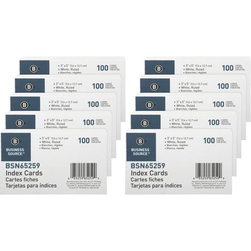 Business Source Index Cards, Ruled, 72 lb., 3"x5", 100/PK, 10PK/BX, White
