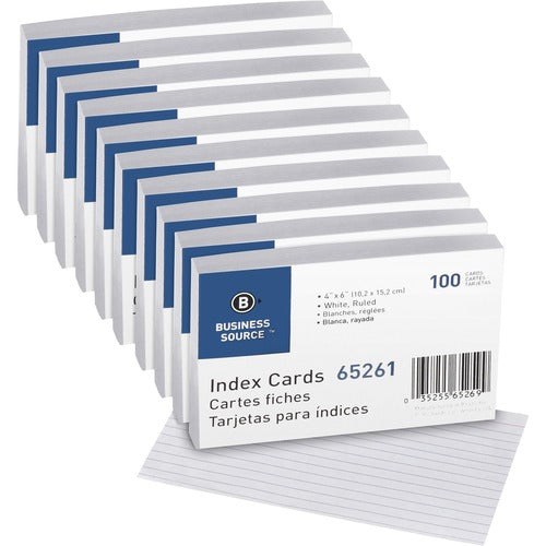Business Source Index Cards, Ruled, 72 lb., 4"x6", 100/PK, 10PK/BX, White