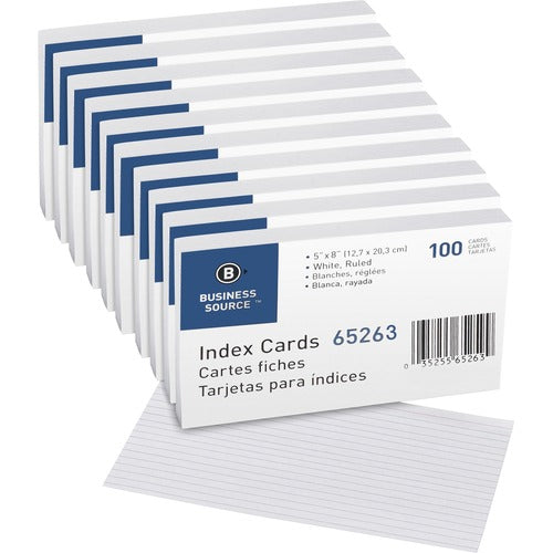 Business Source Index Cards, Ruled, 72 lb., 5"x8", 100/PK, 5/BX, White