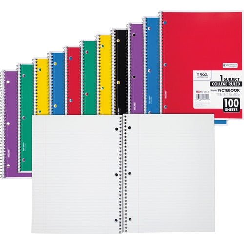 Mead Notebooks, Spiral, 1-Subject,100 Sht, 8"x10-1/2", 12/BD, AST