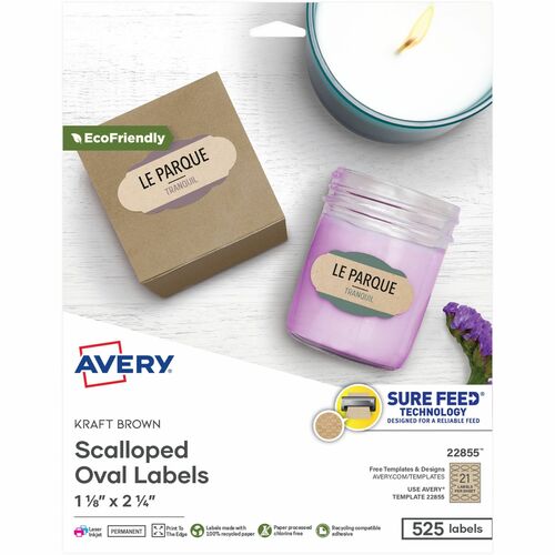 Avery Labels, Oval Scallop, 21UP, 2-1/4"x1-1/8", 525/PK, Brown