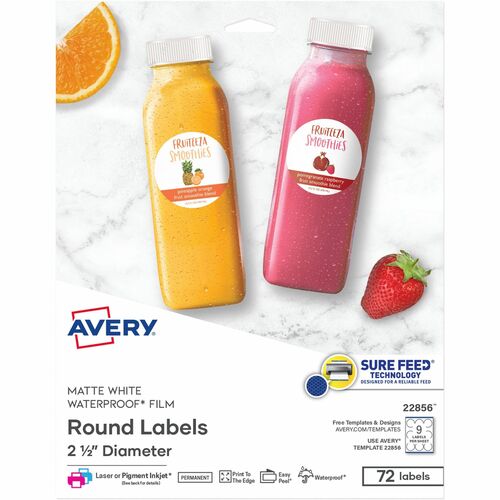 Avery Labels, Round, 9UP, Laser/Inkjet, 2-1/2"Dia, 72/PK, White