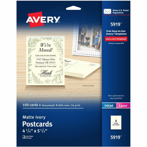 Avery Postcards,Uncoated,Laser/Inkjet,4-1/4"x5-1/2",100/BX,Ivory