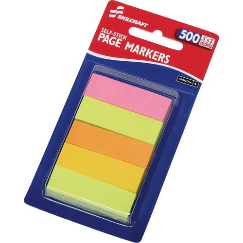 SKILCRAFT Page Markers, Self-Stick, 1/2"x2", 500/PK, Assorted Neon
