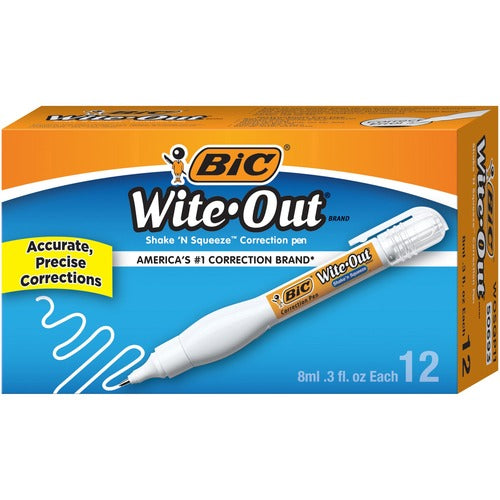 Bic Correction Pen, Fast Drying, Needlept Tip, 8ml, 12/BX, WE