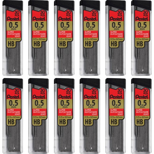 Pentel Hi-Polymer Lead, 0.5 mm, Fine, HB, 30/Tube, 12/BX, Black