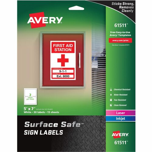 Avery Labels, f/Safety Signs, Removable, 5"x7", 30/PK, White