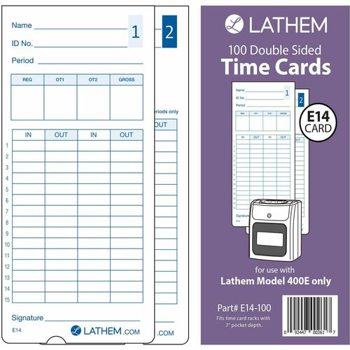 Lathem Time Cards, f/Lathem 400E, 2-sided, 7"H, 100/PK, Blue Ink/WE
