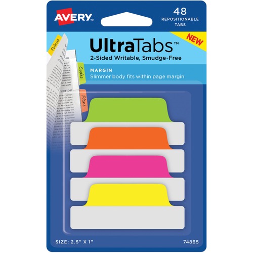 Avery Tabs, Repositionable, 2-Sided, 2-1/2"x1", 48/PK, AST Neon