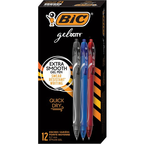 Bic Pens,Retractable,QuickDryGel,0.7mmPoint,1Dozen,ASTBarrel/Ink