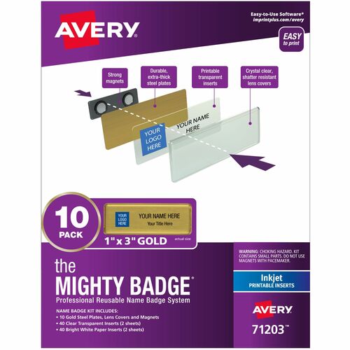 Avery Badge Kit, Magnetic, Inkjet, Reusable, 1"x3", 10/PK, Gold
