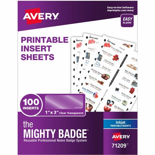 Avery Inserts, f/Mighty Badges, Inkjet, 1"x3", 100/PK, Clear