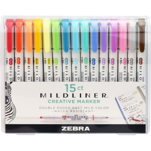 Zebra Marker, Double-Ended, Water-Resistant, 15/PK, Assorted