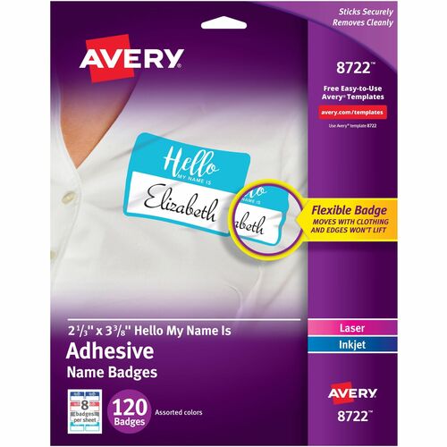 Avery Name Tags, "Hello My Name is', 2-1/3"x3-3/8", 120/PK, AST