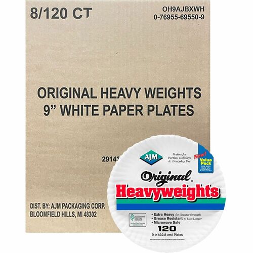 Ajm Packaging Corporation Plates, Heavyweight Paper, 9", 120/PK,8PK/CT, White