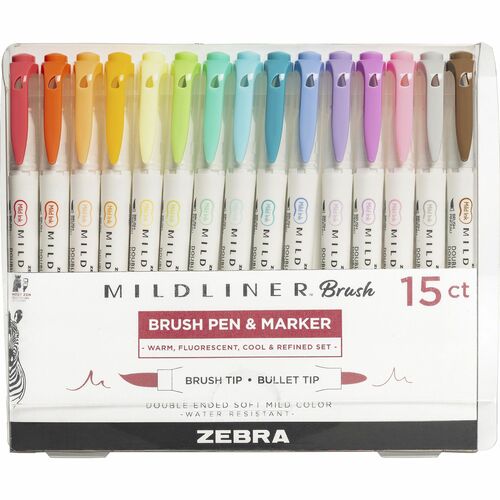 Zebra Brush Pen and Marker, 1/2"x1/2"x5-1/2", 15/PK, Assorted