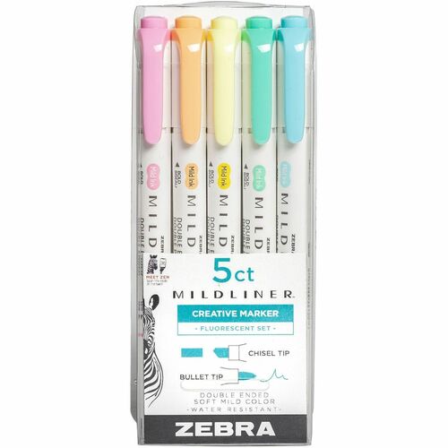 Zebra Highlighter, Double-Ended, Bold/Fine, 5/PK, Assorted