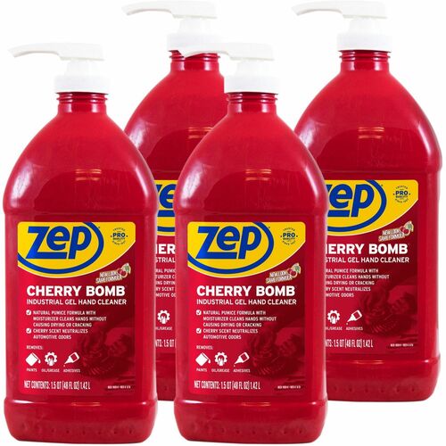 Zep Commercial Hand Cleaner, Gel, Cherry Scent, 48 oz., 4/CT, Red