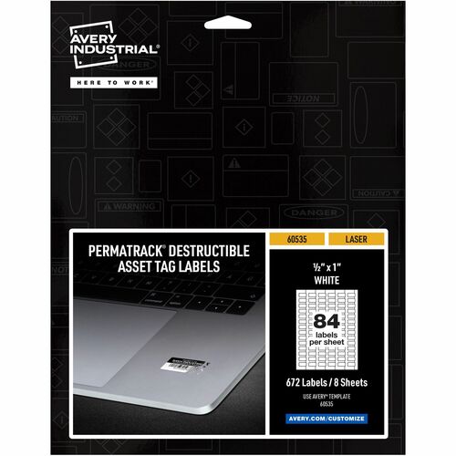 Avery Asset Tag, Destructible, Laser, 1/2"x1", 672/PK, 5/CT, WE