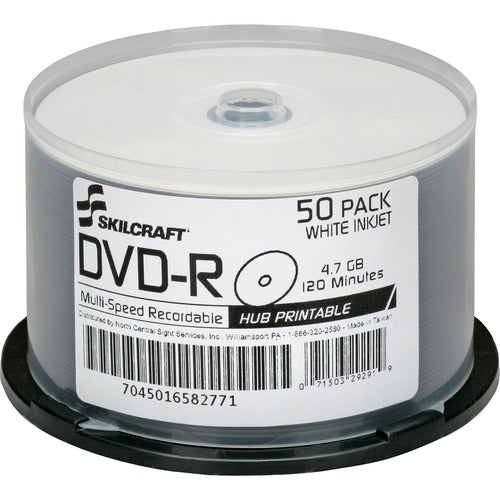 SKILCRAFT Inkjet Printable DVD-R, 50/PK, Spindle, White