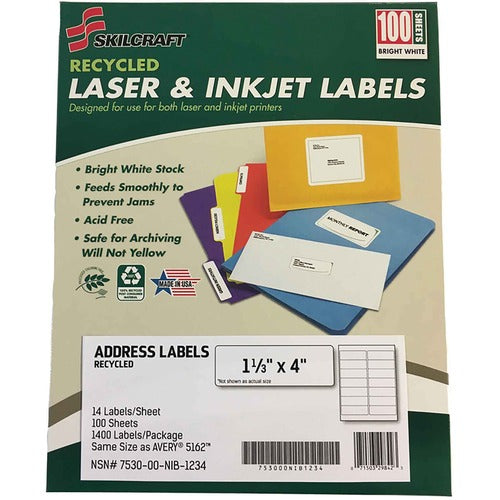 SKILCRAFT Labels, Recycled, Laser/Inkjet, 1-1/3"x4", 1400/PK, White