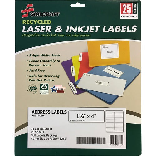 SKILCRAFT Labels, Recycled, Laser/Inkjet, 1-1/3"x4", 350/PK, White