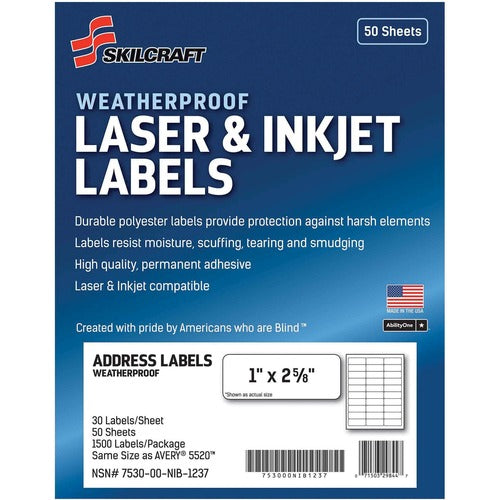 SKILCRAFT Labels, Weatherproof, Laser/Inkjet, 1"x2-5/8", 1500/PK, WE