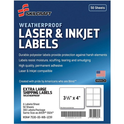 SKILCRAFT Labels, Weatherproof, Laser/Inkjet, 3-1/3"x4", 300/PK, White