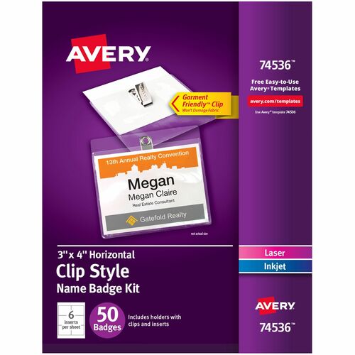 Avery Name Badges, w/Clips, Laser/Inkjet, 4"x3", 50/PK, 5/CT, WE