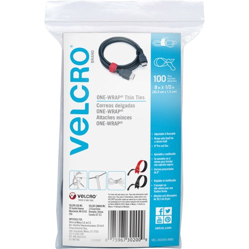 Velcro Industries Velcro Straps, 1-Wrap, 1/2"Wx8"Lx1/100"H, 100/PK, Black Red