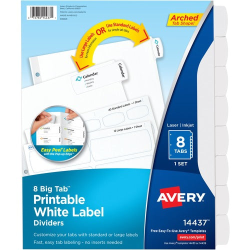 Avery Dividers, Big Tab, w/Labels, 3HP, 8-Tab, 36ST/CT, White