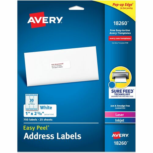 Avery Address Labels,Laser/Inkjet,1"x2-5/8",750/PK,5/CT,WE