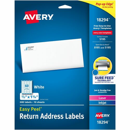 Avery Address Labels, Laser/Inkjet, 2/3"x1-3/4",600/PK,5/CT,WE