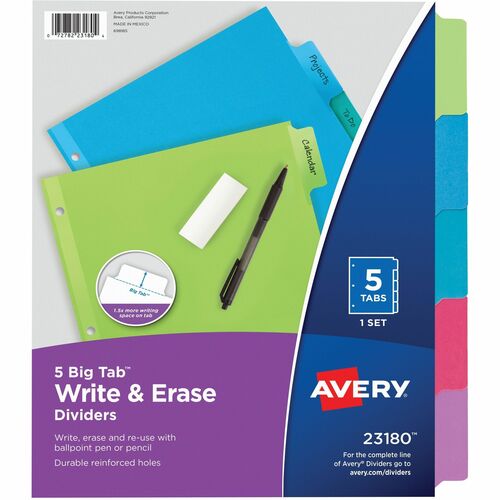 Avery Divider,Erasable Big Tab,5-Tab,3HP,8-1/2"x11",36/CT,AST