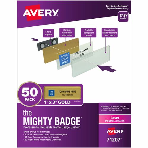Avery Badge Kit,Magnetic,Laser,Reusable,1"x3",50/PK,5/KT,Gold