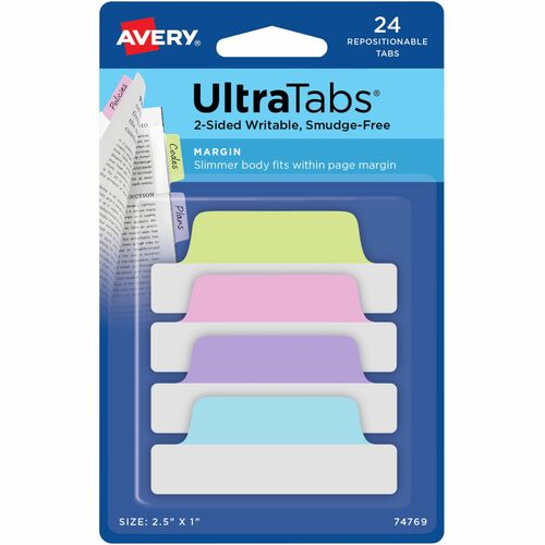 Avery Ultra Margin Tabs, 2-1/2"x1", 24/PK, 72PK/CT, Pastel AST