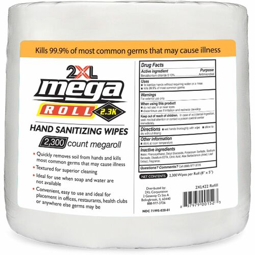 2XL CORP Sanitizing Wipes, FDA Approved, 8"x6", 2300/RL, WE