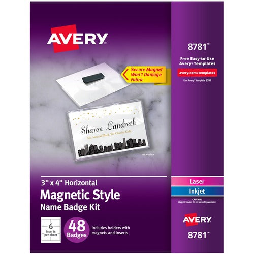 Avery Name Badges, Magnetic, Laser/Inkjet, 3"x4", 48/BX, 5/CT, WE