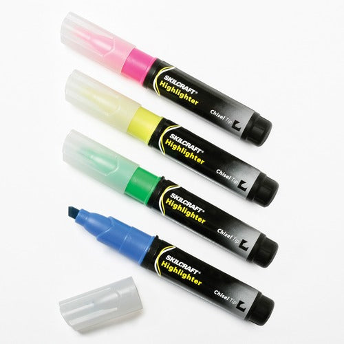 SKILCRAFT Highlighter,Chisel Tip,Large,4/ST,Fluorescent AST