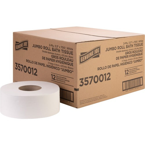 Genuine Joe Bath Tissue Roll,Jumbo,2-Ply,3.3"x700',8.88"Dia,12/CT,WE-GJO3570012